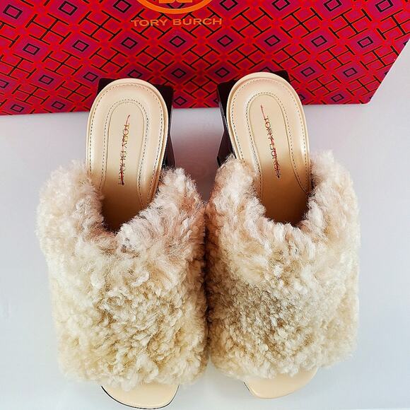 NWT$398 Tory Burch Block T 80mm Heel Shearling Heeled Mules Sandals Shoe Sz 5 - Picture 10 of 15